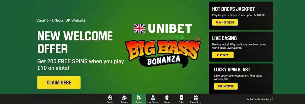 Official Unibet Casino UK homepage banner featuring the brand logo and British flag