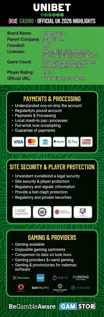 Infographic showing Unibet Casino 4.8 out of 5 player rating and UK market highlights