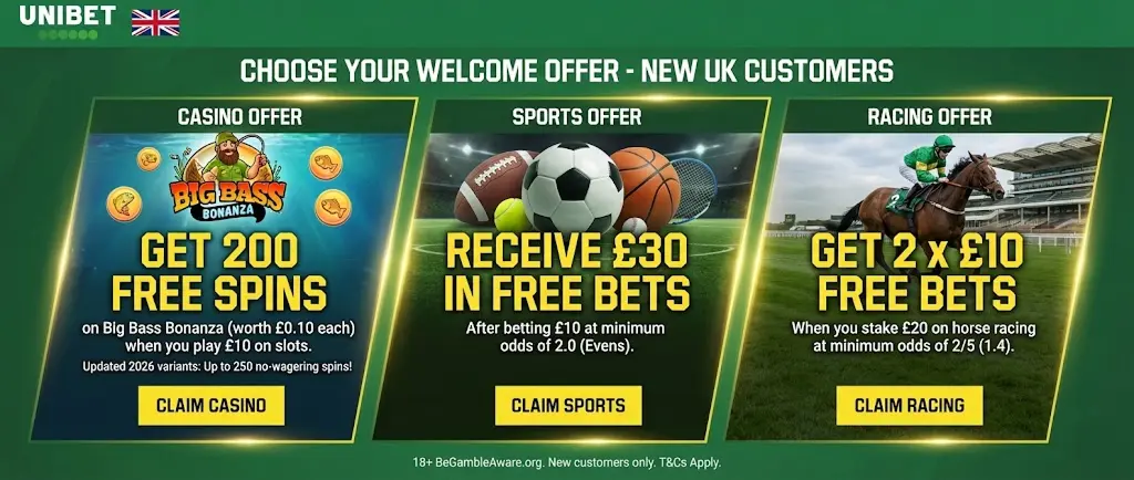 Unibet welcome bonuses for casino spins, sports free bets, and racing offers