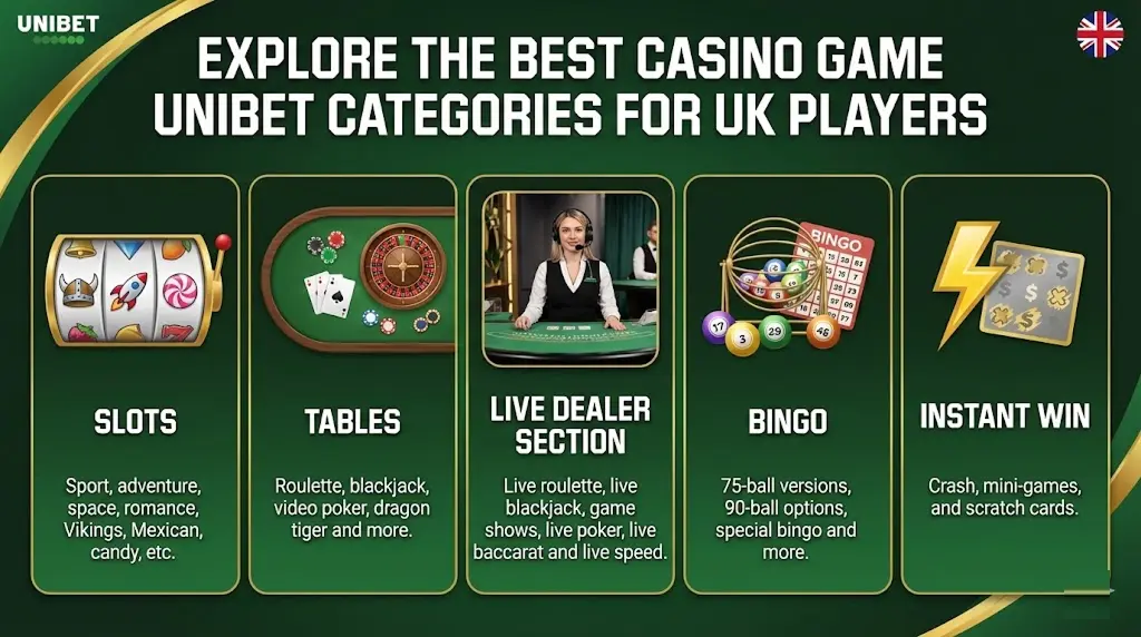 Unibet games showing icons for slots, tables, live dealer, bingo, and instant win