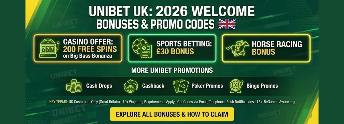 Unibet UK 2026 bonus banner highlighting casino, sports, and horse racing offers